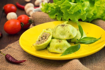 Georgian dumplings Khinkali of spinach dough with meat and tomato spicy sauce satsebeli. Wooden background. Top view. Close-up