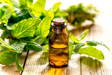organic cosmetics with herbal extracts of mint on wooden background