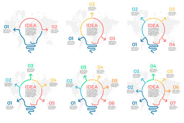Business infographics. Light bulb elements with 2-7 steps, arrows.