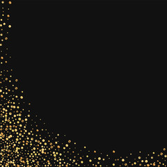 Gold confetti. Abstract left bottom corner on black background. Vector illustration.
