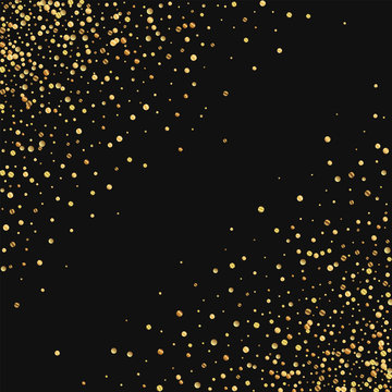 Gold confetti. Abstract chaotic scatter on black background. Vector illustration.