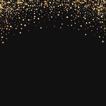 Gold confetti. Abstract top border on black background. Vector illustration.