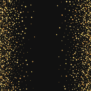 Gold confetti. Scattered frame on black background. Vector illustration.