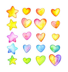 Multicolor Hearts and Stars. Funny cartoon hearts. Watercolor illustration