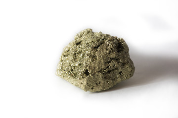 Large chunk rock of pyrite fools gold over isolated white background