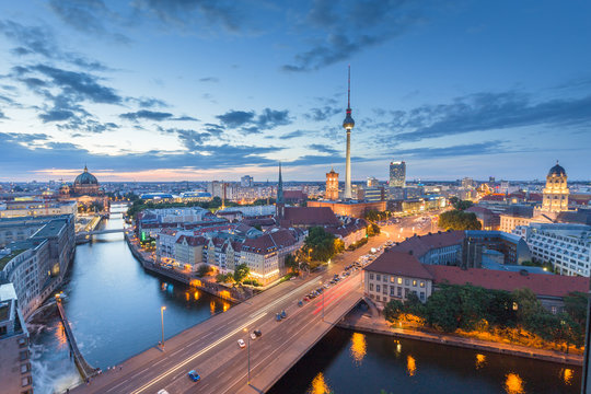 Berlin skyline with Spree river at night, Germany