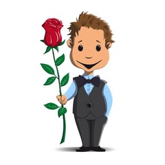 little boy in a suit is holding a red rose