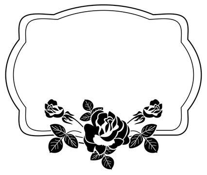 Black and white frame with stylized roses silhouettes. Vector clip art.