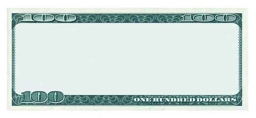 Blank 100 dollar banknote pattern isolated on white background