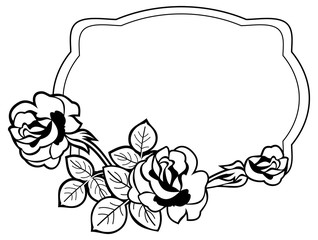 Black and white frame with stylized roses silhouettes. Vector clip art.