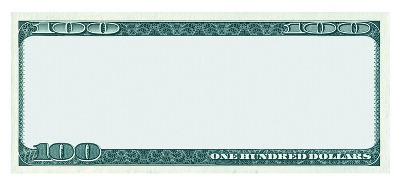 Blank 100 dollar banknote pattern isolated on white background