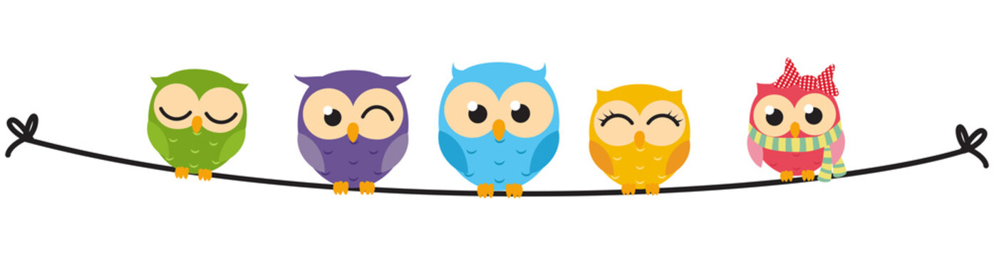 Happy Owl family sit on wire