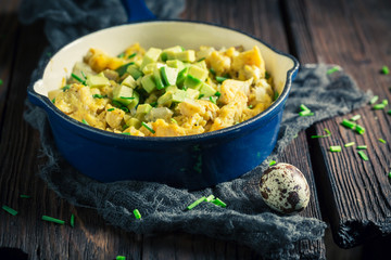 Tasty fried eggs with avocado and chive