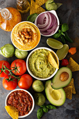Homemade hummus, salsa and guacamole with corn chips