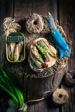 Healthy sandwich wirh sprats with and chive