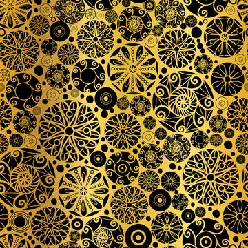 Vector Black Gold Abstract Doodle Circles Seamless Pattern Background. Great for elegant texture fabric, cards, wedding invitations, wallpaper.