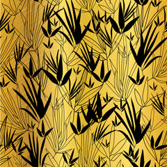 Vector Golden Black Bamboo Leaves Lineart Seamless Pattern Background. Great for tropical vacation fabric, cards, wedding invitations, wallpaper.