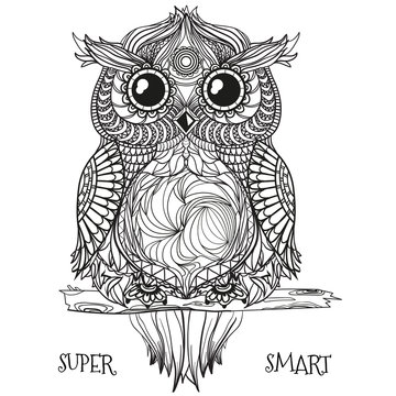 Owl. Design Zentangle. Hand drawn owl with abstract patterns on isolation background. Design for spiritual relaxation for adults.  Black and white illustration for coloring. Zen art