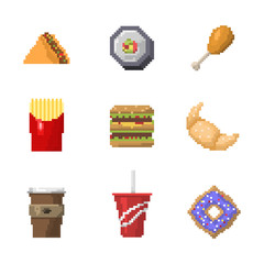 Pixel art fast food icons vector.