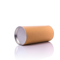 New brown round paper box with silver cap. Studio shot isolated