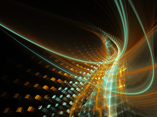 Abstract background element. Three-dimensional composition of wave shapes, grids and particles. Science and technology concept. Cyan and orange on black colors.