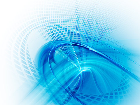Abstract background element. Fractal graphics series. Three-dimensional composition of twisted grids and motion blur. Information technology concept. Blue and white colors.