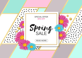 Spring Sale Design with Colorful Flowers, Vines and Leaves with Flying Butterflies in Background for Spring Seasonal Promotion. Vector Illustration