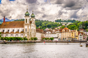Fototapeta na wymiar Cityscape of Lucerne and Jesuit church in Luzern, Switzerland