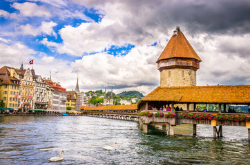 City center with famous Chapel Bridge and lake in Lucerne, Switzerland