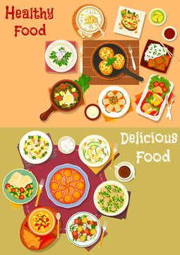 Healthy lunch dishes with fruit dessert icon set