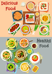 Lunch dishes top view icon set for menu design