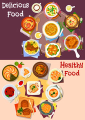 Baked meat and veggies dish with dessert icon set