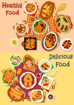 Baked fish and meat dishes icon set