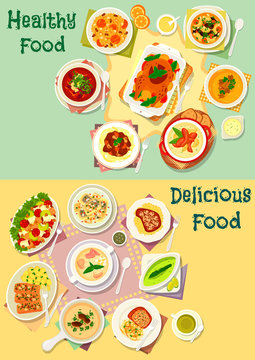 Meat, fish and mushroom dishes icon set design