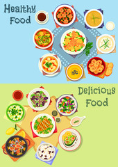 Tasty lunch menu icon set with seafood and meat