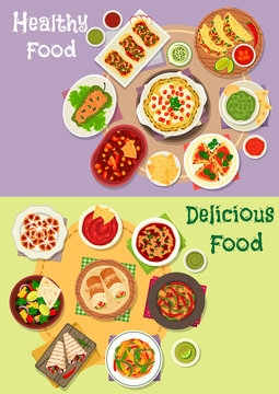 Mexican cuisine icon set with hot snacks