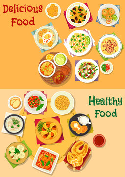 Lunch icon set with healthy food dishes