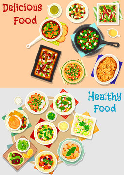 Tasty dishes for lunch menu icon set design