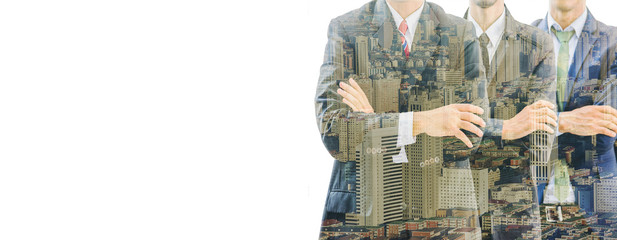 Double exposure of businessmen  crossed arms with city inside on white background suitable for text.