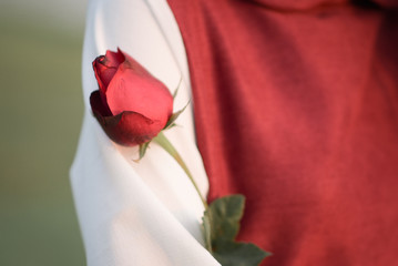 Women red dress with a red rose.