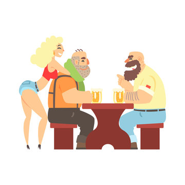 Two Lumberjacks Chatting At The Table With Sexy Waitress Leaning At Ones Back, Beer Bar And Criminal Looking Muscly Men Having Good Time Illustration