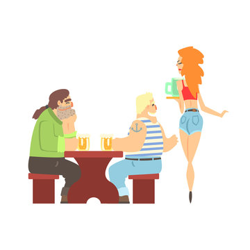 Two Bar Clients Harrassing Sexy Waitress Serving Drinks, Beer Bar And Criminal Looking Muscly Men Having Good Time Illustration