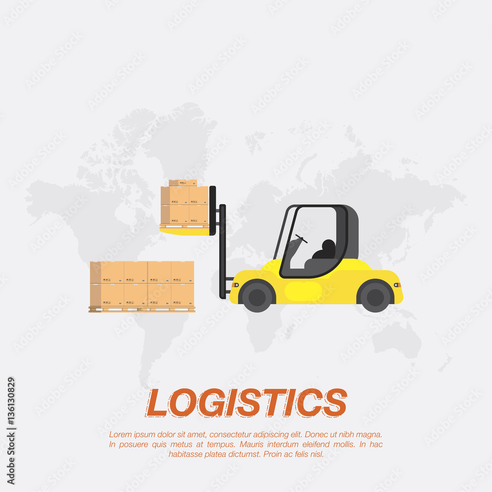 Aufkleber yellow forklift loading boxes on a pallet. logistic concept flat vector illustration for business in