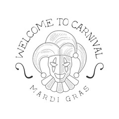 Hand Drawn Monochrome Mardi Gras Event Vintage Promotion Sign With Jester Mask In Pencil Sketch Style With Calligraphic Text