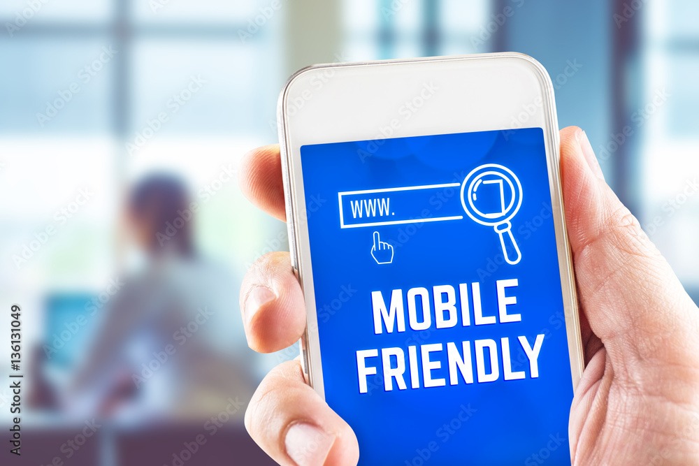 Poster Hand holding mobile with Mobile Friendly and search icon feature