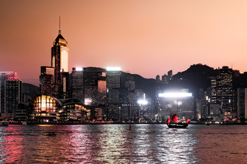 Hong kong city building with sea  in sunset evening time,skyline