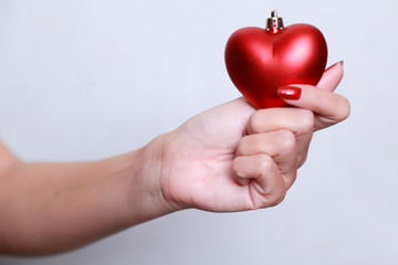 Woman hands with red heart . Space for text. Concept Valentines Day art design.