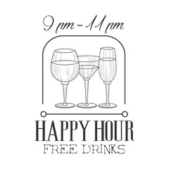 Bar Happy Hour Promotion Sign Design Template Hand Drawn Hipster Sketch With Wine And Cocktail Glasses