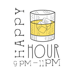 Bar Happy Hour Promotion Sign Design Template Hand Drawn Hipster Sketch With Glass With Whiskey And Ice Cubes