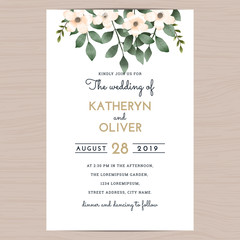 Save the date wedding invitation card template with flower floral leaf. Vector illustration.